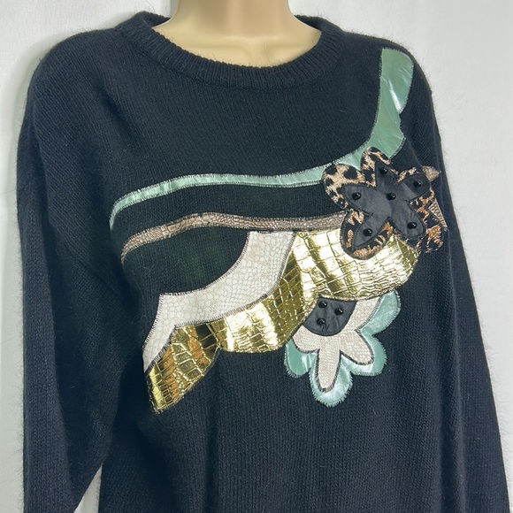 Glitz vintage silk ramie angora beaded leopard floral lace gold leather sweater - Picture 2 of 8